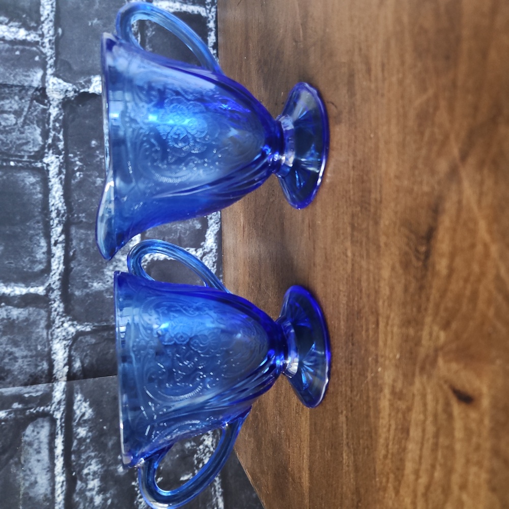 Vintage Cobalt Blue Royal Lace Footed Creamer & Sugar Set by Hazel Atlas
